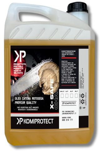 komiprotect® Olio per catene Motoseghe X-SAFE per scorrimenti veloci, esente da blocchi catena, biodegradabile (5 LT)