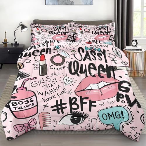 Pamnest Bettdecken-Set in voller Größe, Make-up, Rosa, Queen-Size-Bett, weich, 3-teilig, für Kinder und Erwachsene, Damen, niedliches Tröster-Set mit Kissenbezug, für Schlafzimmer, Bett-Dekoration