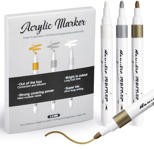 Mzh Art Gold Silber Weiß Metallic Marker Stifte Set, 9er Pack, 2,0 mm Acrylmarker, Glitter Acrylfarben Stifte Pens, Permanent Marker, für Papier, Skizzen, Holz, Felsen, Reifen, Plastik, Glas, Malerei