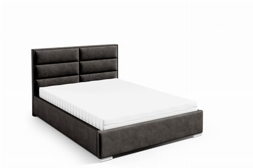 LIKMA Polsterbett Braun 160x200 cm mit Stauraum Verchromte Füße Doppelbett mit Kopfteil 11 cm Gepolsterter Stoffett mit Gaslift Stoffbett Bettgestell Ohne Matratze Stoff: Riviera 28