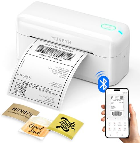MUNBYN Bluetooth Shipping Label Printer, 4x6 Thermal Label Printer for Small Business, Compatible with iPhone, Android, Windows, macOS, Etsy, Shopify, eBay, Royal Mail, DHL, DPD, Evri, 402B, White