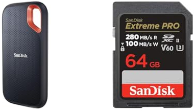 SanDisk Extreme Portable SSD 4 TB & Extreme PRO SDXC UHS-II Speicherkarte V60 64 GB (280 MB/s, 6K, 4K UHD, U3, C10, Rescue PRO Deluxe)