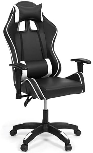IDMarket - Silla de gaming Carter con reposabrazos 2D, giratorio, altura regulable, color blanco y negro