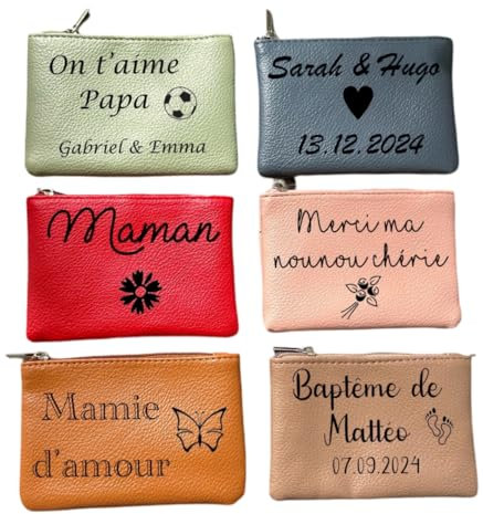 porte monnaie en cuir personnalisé avec prénom au choix- cadeau personnalisé pour femme homme fille- cadeau anniversaire baptême annonce grossesse demande témoin EVJF demoiselle d'honneur-