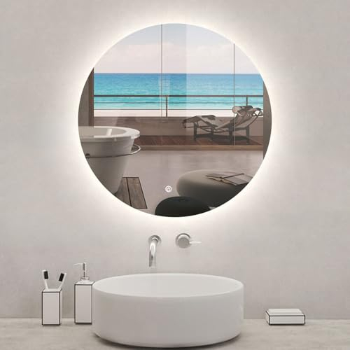 Aica Sanitär Runder Badspiegel mit Beleuchtung 50cm LED Spiegel Rund mit Helligkeit-dimmbar, Memory, EIN Stunde Abschaltung, Touch/Wandschalter, Beschlagfrei Wandspiegel mit E×plosionschutz