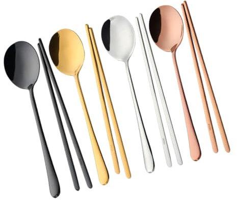 KICHOUSE 4juegos Cubiertos Acero Inoxidable Con Palillos y Cucharas Estilo Coreano Diseño y Plano Set De Colores Plata Rosa y Negro Resistentes y Pulidos Para Banquetes y Reuniones