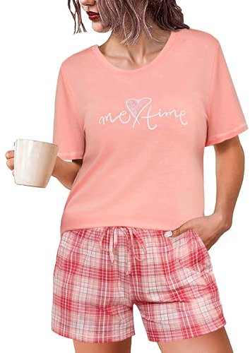 Leversic Schlafanzug Damen Kurz Baumwolle, Sommer Zweiteiler Pyjama Damen Set Karierte Shorts und Oberteil mit Herzaufdruck, 1211-Orange rosa, XL