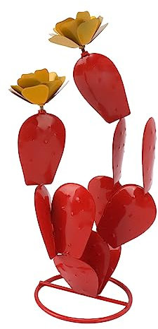 Wnvivi Feigenkaktus-Skulptur aus Metall, Rustikale Rote Kaktus-Statue aus Eisen mit Blumen, Künstliche Kaktuspflanze, Metallkaktus für Garten- und Hofdekoration