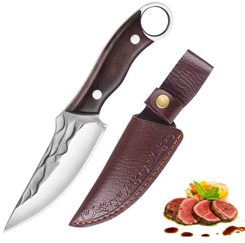 Fubinaty Chef Knife 4.5 Inch Small Kitchen Knives Handmade Forged Full Tang High Carbon Steel Cooking Knife with Wooden Handle and Protective Sheath for Home Grill
