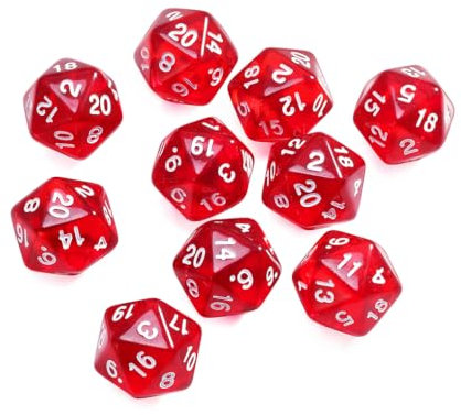 Yourandoll 10 STÜCKE Polyedrische Würfel D20 Würfel Dice 20mm Acryl Dice Spielwürfel for DND RPG Tischspiele (Transparent Rot)