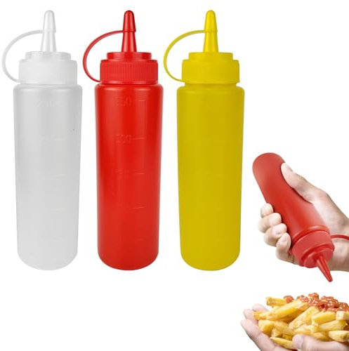 ICSTM Kunststoff-Quetschflaschen mit Düsenkappen, wiederverwendbar, geeignet für Senf, Olivenöl, Marmelade, Ketchup, Salat, Dressing, 3 Stück (450 ml)