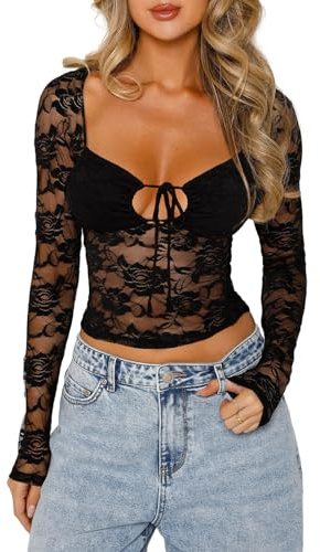SYHVGI Women Crop Floral Lace Tops Long Sleeve Shirt Casual Pullovers Mesh Sheer See ThroughTee Shirts (Black 1, L)