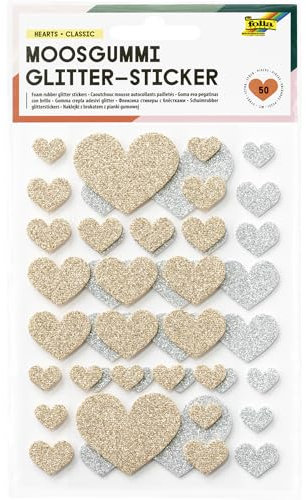 folia 23772 23772-Moosgummi Glitter-Sticker Hearts Classic, 50 Stück in Gold und Silber, Aufkleber in 4 Größen zum Verzieren und Dekorieren