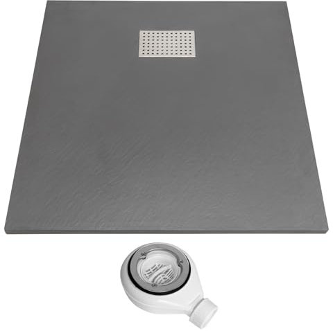 Thermopanel SMC Dark Grey Shower Trays Base Slate Stone Effect Textured Non Slip with Waste and Stainless Steel Cover - 1200 x 800mm