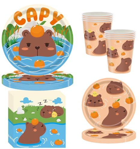 Cumpleaños Vajilla de Capy-bara, Juego de Vajilla para Fiesta, Accesorios para Decoración de Capybra, Dibujos Animados Vajilla Fiesta, Incluye Platos, Pañuelos, Tazas