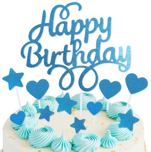 mciskin Blue Happy Birthday Cake Toppers for Cake,Blue Birthday Decorations Girls Boys,Personalised Cake Toppers for Men Women,Glitter Cake Topper Cupcake Topper for Party Cake Decoration