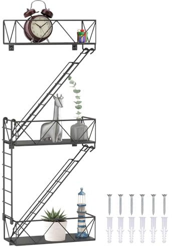 Vestamore 3-Tier Floating Wall Shelf, Fire Escape Ladder Decor, Black Iron Display Organizer with Installation Kit