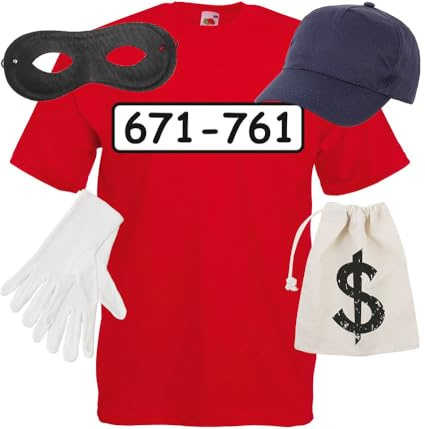 Panzerknacker Kostüm Set – Shirt + Maske + Handschuhe + Mütze – S bis 5XL – Unisex Gruppenkostüm für Karneval & Fasching – Banditen Outfit für Männer & Frauen – Comic Gauner Verkleidung