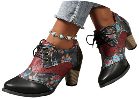 Onsoyours Damen Kurze Stiefel mit Blockabsatz Stiefelette Winterstiefel Retro Bedruckte Ankle Boots Western Reiterstiefel