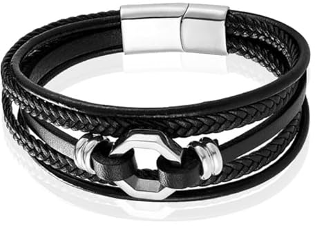 Mendes Schmuck Herren Armband aus Edelstahl und echtem Leder - Stylisches Schwarz mit Silber Achtkante-19cm