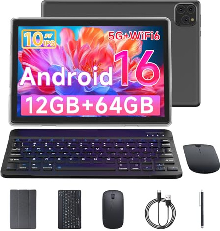 Vyrolinia Tablette Android 15 10 12 Go de RAM + 64 Go de ROM/ 2 To, écran tactile HD 1280 * 800, 5G WiFi6 BT 5.0, tablettes 2 en 1 avec étui clavier, souris, stylet rose (noir)