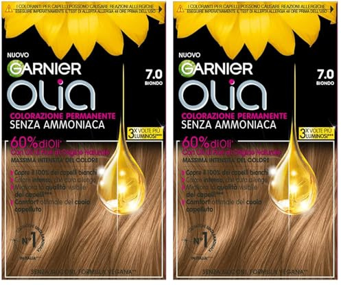Garnier Olia Tinta Capelli, Colorazione Permanente Senza Ammoniaca, Copre il 100% dei Capelli Bianchi, Con Oli di Fiore di Origine Naturale, Formula Vegana, Biondo (Confezione da 2)