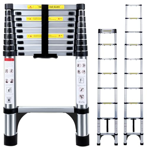 Telescopic Ladder 2.9M Aluminium Extension Ladder, Loft Ladder | Multi Purpose Adjustable Height Ladders Extendable, Folding Ladders Non-Slip Feet & Safety Locks for Roof Attic Caravan