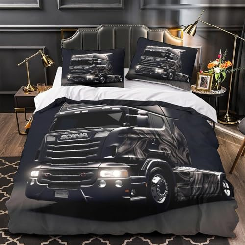 RJAVAGFZL Scania LKW-Design 3D-Druck 3er-Set Bettbezug moderner Schwerfahrzeugstil Bettdeckenbezug Mikrofaser Reißverschluss Atmungsaktiv für Mädchen Männer Erwachsene Single (135x200cm)
