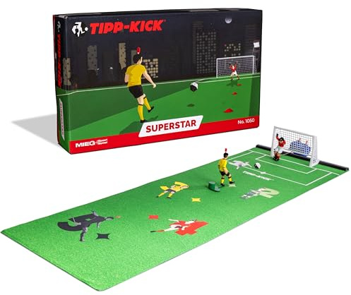 TIPP-KICK Spiel Superstar Fußball-Set mit Filz-Spielfeld (63x22cm) – Challenge für 2 Spieler, handbemalte Zinkfiguren & Tor, Tischfußball-Spiel für Fans