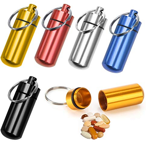 BUYGOO 6PCS Tablettenbox Pillenbox Pillendose Aluminium Medikamentenbox Mini Pille Box ca.48x17mm mit Schlüsselanhänger Tagemedikamentenbox wasserdicht Medizin Pillendosen für Reise Camping