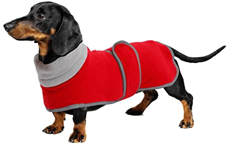 Geyecete-Polarfleece Winter hundemantel fur Dackel,Miniatur Dackel Pullover,Warmes Einstellbar Hundejacke Hundeweste mit Geschirr öffnung-Rot-XL