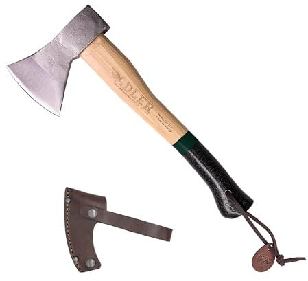 Adler Rheinland Hatchet - German Made with a 15 inch Handle Coated in Anti-Slip Black Grip Paint - 1.35 Pound Head Weight. Spanish Leather Sheath and Cotton Storage Bag Included