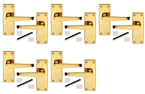 Haven Heritage® Door Handles – Polished Electro Brass Plated Straight Lever Latch Handles (5 Pairs) | Victorian Style Internal Door Handles | 118mm x 42mm Backplate with Screws & Spindle