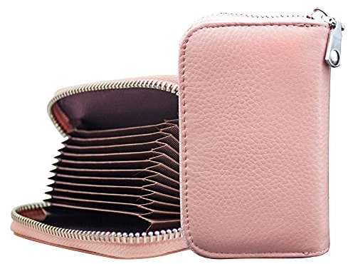 Teskyer Kartenetui für Herren und Damen - RFID-Schutz, 12 Fächer, PU Leder Mit Reißverschluss (Rosa)