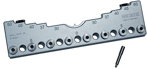 Bohrlehre für Lochreihen, Bohrgruppen und Griffbohrungen im 32mm Abstandsmaß Bohrdurchmesser 5mm (0-224 mm), Silber