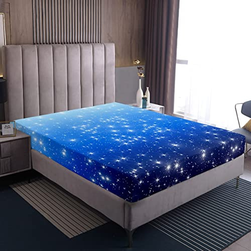 Blaues Glitzer Bettlaken 90 x 200 für Jungen Mädchen Sparkle Galaxy Sternenlicht Bettwäsche für Kinder Teenager Erwachsene Ombré Pastell Spannbettlaken Sternenhimmel Dekor Set kein Kissenbezug