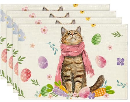 Artoid Mode Ostereier Katze Ostern 4er Set Platzsets, Saisonaler Frühling Küche Tisch Dekoration Drinnen Urlaub Party Dekor 30x45cm