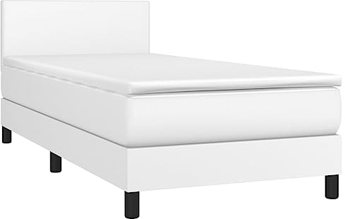 vidaXL Boxspringbett mit Matratze LED Kunstlederbett Einzelbett Polsterbett Bett Bettgestell Hotelbett Bettrahmen Lattenrost Schlafzimmerbett Weiß 90x200cm