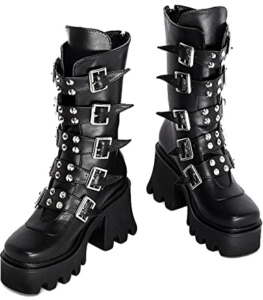 JIFAENY Damen Winter Schwarz Gothic Punk Plattform Stiefel Damen Goth Schnalle Zipper Creeper Keile Mid-Calf Schuhe-3,Schwarz