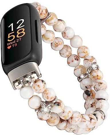 iLVANYA Perlenarmband, kompatibel mit Fitbit Inspire 3 für Damen, modisch, handgefertigt, Perlen, elastisches Stretch-Uhrenarmband für Fitbit Inspire 3 Fitness-Tracker (Weiß Türkis)