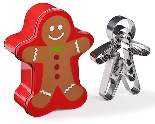 patisse 13725 – Boîte métal forme Gingerman contenant 4 découpoirs ou emporte pièces inox en forme de Gingerman - Mannele – 4 hauteurs différentes : 6cm/9cm/12cm/17cm