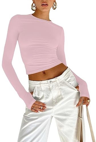 OYIGELZ Long Sleeve Tops Women's Basic T-Shirt Long Sleeves Crop Top Y2K Slim Fit Casual Round Neck Tee Shirt Streetwear(Light Pink-b,S)