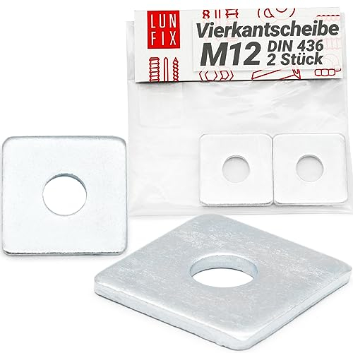 Lun Fix Rondelles carrées M12 - 40 x 40 x 3,5 mm - DIN 436 - Lot de 2 rondelles carrées en acier galvanisé - Rondelles carrées plates pour boulons - Rondelles rectangulaires avec trou rond