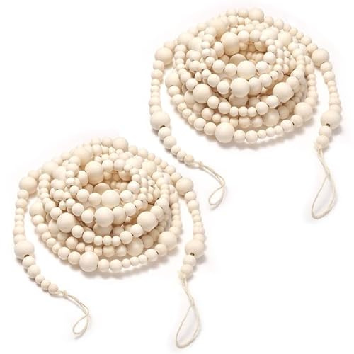 GWHOLE 2 PCS Christmas Wooden Beads Garland Beige Xmas Tree Decor Natural Wooden Bead for Christmas Party Decoration Holiday Mantle Wall Decor（2 * 7.2ft）
