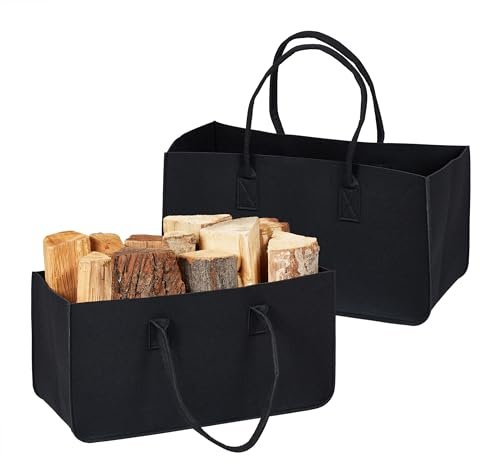 Relaxdays Kaminholztasche aus Filz, 2er Set, 28 l Volumen, XXL Filztasche, für Kaminholz, tragbarer Holzkorb, schwarz