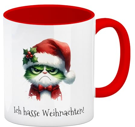 speecheese Weihnachtsmuffel-Katze Kaffeebecher in rot und Spruch Ich hasse Weihnachten! Lustige Weihnachtstasse für Katzenfans im Grinch-Style mit Nikolausmütze, beliebtes Festmotiv in Grün