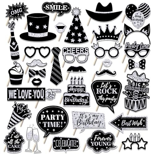 36 PCS Geburtstag Foto Booth Requisiten Party Supplies Foto Box Zubehör Urlaub Bild Dekorationen Foto Booth Requisiten für Geburtstag Karneval Halloween Gefälligkeiten Pose Zeichen Kit Spaß für Party
