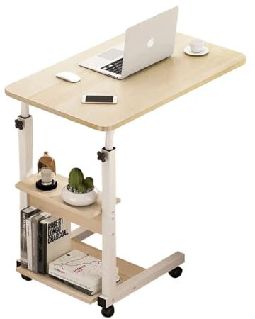 Warmiehomy Overbed Table with Lockable Wheels & Liftable Top,Movable Foldable Bed Desk Adjustable Height 68~83cm,Bedside Desk for Hospital bed Bedroom Sofa(Beige)