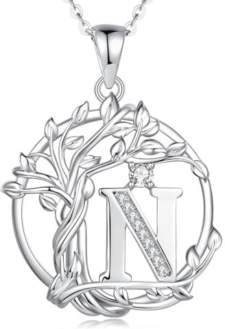 FANCIME Lebensbaum Buchstaben Kette Damen, 925 Sterling Silber N Alphabet Initialen Anhänger Halskette Schmuck Geschenke für Damen Frauen Mädchen, Kettenlänge: 40+5 cm