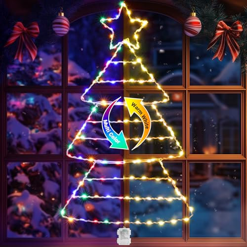 Quntis Luces de Árbol de Navidad 75CM 143LED con Pilas, Colgantes Ventana Plegable, Temporizador 8 Modos para Pared Casa Interior Exterior, Blanco Cálido y Color